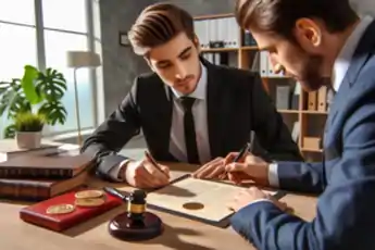 Un notario o abogado revisando documentos con un cliente, sellos oficiales en la mesa