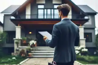 Un agente inmobiliario conversando con una pareja, mostrando planos o documentación