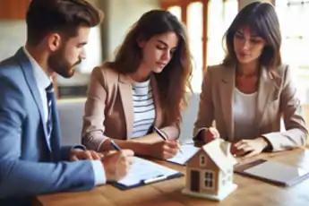 Un agente inmobiliario conversando con una pareja, mostrando planos o documentación